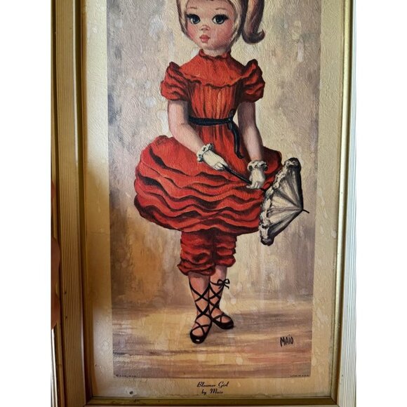 Vintage 1960s Big-Eye Girl "Bloomer Girl" by Maio Framed Lithograph Print MCM - Picture 3 of 4